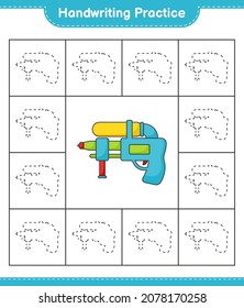 Práctica de escritura a mano. Rastreo de líneas de la pistola de agua. Juego infantil educativo, hoja de cálculo imprimible, ilustración vectorial