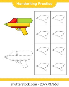 Práctica de escritura a mano. Rastreo de líneas de la pistola de agua. Juego infantil educativo, hoja de cálculo imprimible, ilustración vectorial