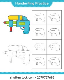 Práctica de escritura a mano. Rastreo de líneas de la pistola de agua. Juego infantil educativo, hoja de cálculo imprimible, ilustración vectorial