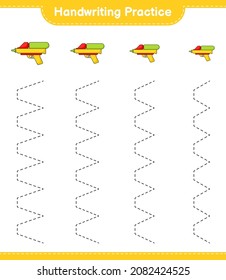 Práctica de escritura a mano. Rastreo de líneas de la pistola de agua. Juego infantil educativo, hoja de cálculo imprimible, ilustración vectorial