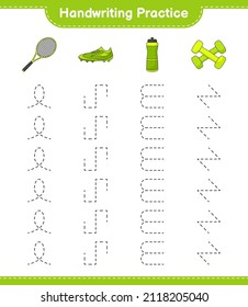 Handwriting practice. Tracing lines of Water Bottle, Tennis Racket, Soccer Shoes and Dumbbell. Educational children game, printable worksheet, vector illustration