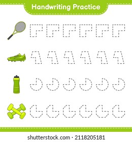 Handwriting practice. Tracing lines of Water Bottle, Tennis Racket, Soccer Shoes and Dumbbell. Educational children game, printable worksheet, vector illustration