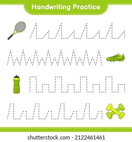 Handwriting practice. Tracing lines of Water Bottle, Tennis Racket, Soccer Shoes and Dumbbell. Educational children game, printable worksheet, vector illustration