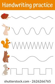Handwriting practice. Tracing lines, worksheet for kids. Writing training page. Educational game and activity for preschool, kindergarten. Fine motoric skills practice for kids. Writing exercises.