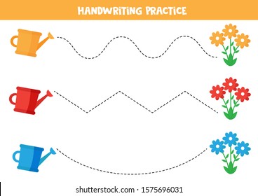Handwriting practice with watering pot and flowers.