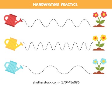 Handwriting practice with watering pot and flowers. Educational worksheet for kids.