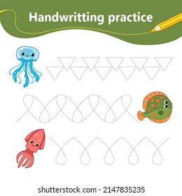 Handwriting practice. We learn the first letter of the string by dots. Set with fish, squid and jellyfish. Preschool education. Vector illustration in cartoon style.