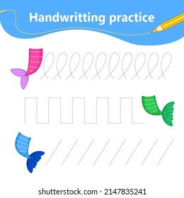 Handwriting practice. We learn the first letter of the string by dots. Set with colorful cute mermaid tails. Preschool education. Vector illustration in cartoon style.