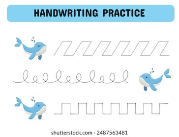 Handwriting practice with a whale . Tracing worksheet for children of kindergarten, preschool and school age. Vector illustration
