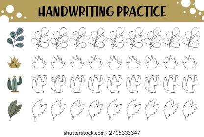 Planilha de Prática de Manuscrito com Formas Botânicas e Cactus