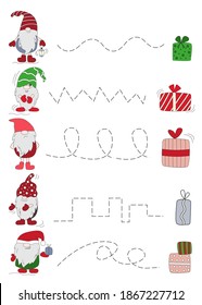 Handwriting practice worksheet. Children's cartoon tasks with gnomes and gifts. Preschool education, educational children's game, sheet for printing, teaching writing. Vector illustration.