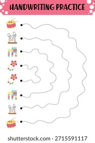 Planilha de prática de caligrafia com linhas pontilhadas curvas conectando pares de brinquedos correspondentes, incluindo tambores, chocalhos, labirintos e blocos de construção para pré-escola