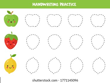 Handwriting practice worksheet with cute kawaii apple, lemon and strawberry. Educational game for kids. Tracing lines for kids.
