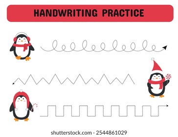 Handwriting practice worksheet featuring Christmas penguins for children in kindergarten, preschool, and school age. Fun tracing activity to develop writing skills. Vector illustration.
