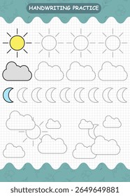 Handwriting practice worksheet featuring sun, moon, and cloud shapes for preschool kids