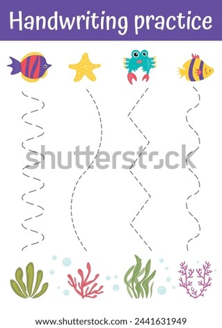 Handwriting practice worksheet for kids. Tracing practice. Writing training printable worksheet with dashed lines for preschool and kindergarten. Educational games, learning early education activity.
