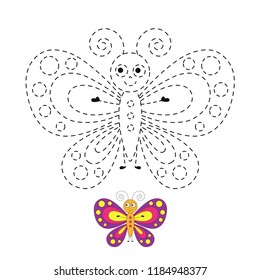 Handwriting practice worksheet. Simple educational game for kids. Vector illustration of cute butterfly for coloring book