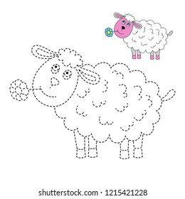 Handwriting practice worksheet. Simple educational game for kids. Vector illustration of cute sheep for coloring book
