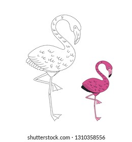 Handwriting practice worksheet. Simple educational game for kids. Vector illustration of cute flamingo for coloring book