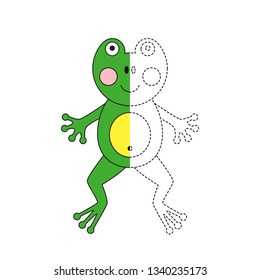 Handwriting practice worksheet. Simple educational game for kids. Vector illustration of cute frog for coloring book