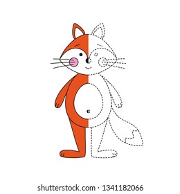 Handwriting practice worksheet. Simple educational game for kids. Vector illustration of cute fox for coloring book