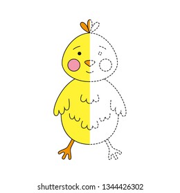 Handwriting practice worksheet. Simple educational game for kids. Vector illustration of cute chicken for coloring book