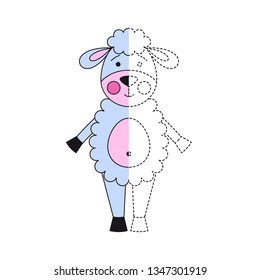 Handwriting practice worksheet. Simple educational game for kids. Vector illustration of cute sheep for coloring book