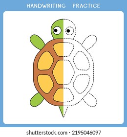 Handwriting practice worksheet. Simple educational game for kids. Vector illustration of cute turtle for coloring book