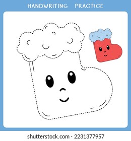 Hoja de trabajo de práctica de escritura a mano. Simple juego educativo para los niños. Ilustración vectorial del calcetín de Navidad lindo para libro de colorido
