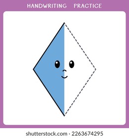 Hoja de trabajo de práctica de escritura a mano. Simple juego educativo para los niños. Ilustración vectorial del diamante lindo para el libro de colorear
