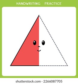 Hoja de trabajo de práctica de escritura a mano. Simple juego educativo para los niños. Ilustración vectorial del triángulo lindo para el libro de colorear