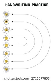 Planilha de Prática de Manuscrito com Curvas de Rastreamento e Flores Sorrindo