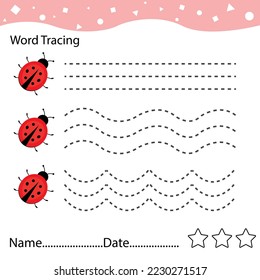 Handwriting practices with ladybug. Children's cartoon tasks learning to write with ladybug. illustration.