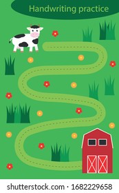 Handwriting practise, writing training. help the cow to get the barn, cute cartoon character, preschool worksheet activity for kids, task for the development of children, vector illustration
