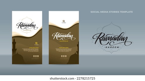 Handwriting Ramadan calligraphy greetings with mosque silhouette and starry sky on brown gradient background - Flat design template for social media stories post