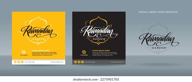 Handwriting Ramadan Kareem greetings with orange ornament on black and orange background - Flat design template for social media feed post