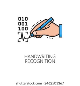 Handwriting recognition icon of biometric identification, identity authentication and verification, line vector. Handwriting recognition technology of digital signature for ID biometric authorization