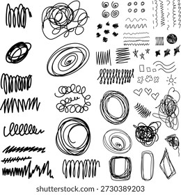 Handschriftlicher Ritzstrich, Unterstreichen von Graphittexturen. Vektorgrafik mit grungy grafischen Elementen. Scribble Betonungslinien, verrückte Luken, Ovale und Kreuze.