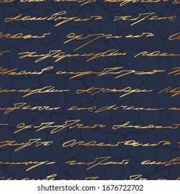 Handwriting scribble texture. Background unreadable golden ink text. Indistinct written gold page. Seamless pattern victorian style. Vintage written for interior, paper, scrapbooking, poems, prints 