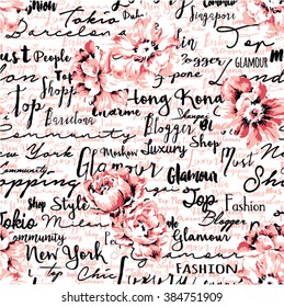 Handwriting script with flowers wallpaper, vector seamless pattern
