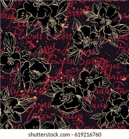 Handwriting script with flowers wallpaper, vector seamless pattern