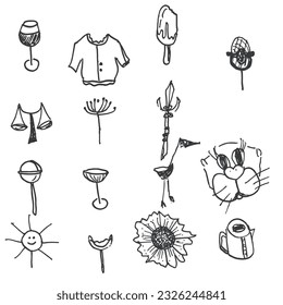 Handwriting set of different illustrations black and white script