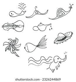 Handwriting set of different illustrations black and white script