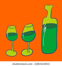 Handwriting set of green bottle and vine glasses on retro style for card, t-shirts, posters, etc. On orange square shape background. Vector design banner.