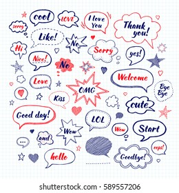 Handwriting set of speech bubbles with dialog words: Hi, Love, Sorry, Welcome, Bye. Vector illustration. Hand drawn