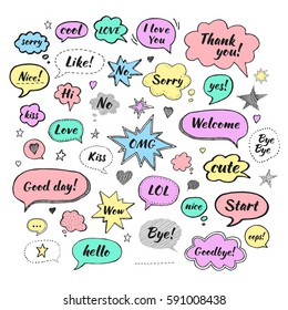 Handwriting set of speech bubbles with dialog words: Hi, Love, Sorry, Welcome, Bye. Vector illustration. Hand drawn.