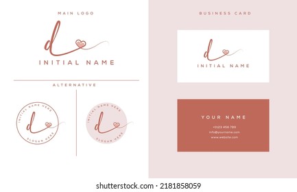 handwriting signature d logo initial with heart shape and business card