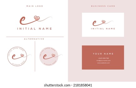 handwriting signature e logo initial with heart shape and business card