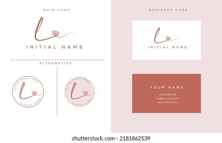 handwriting signature l logo initial with heart shape and business card