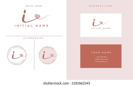 handwriting signature i logo initial with heart shape and business card